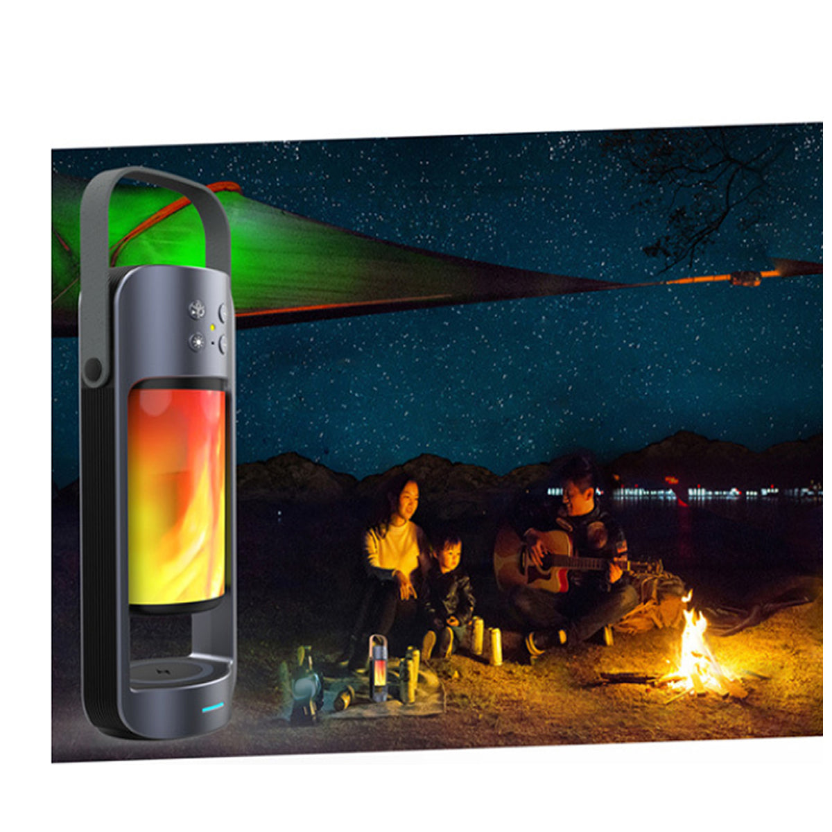 Dancing LED Flame Lantern with Bluetooth Speaker and Wireless Phone Charging